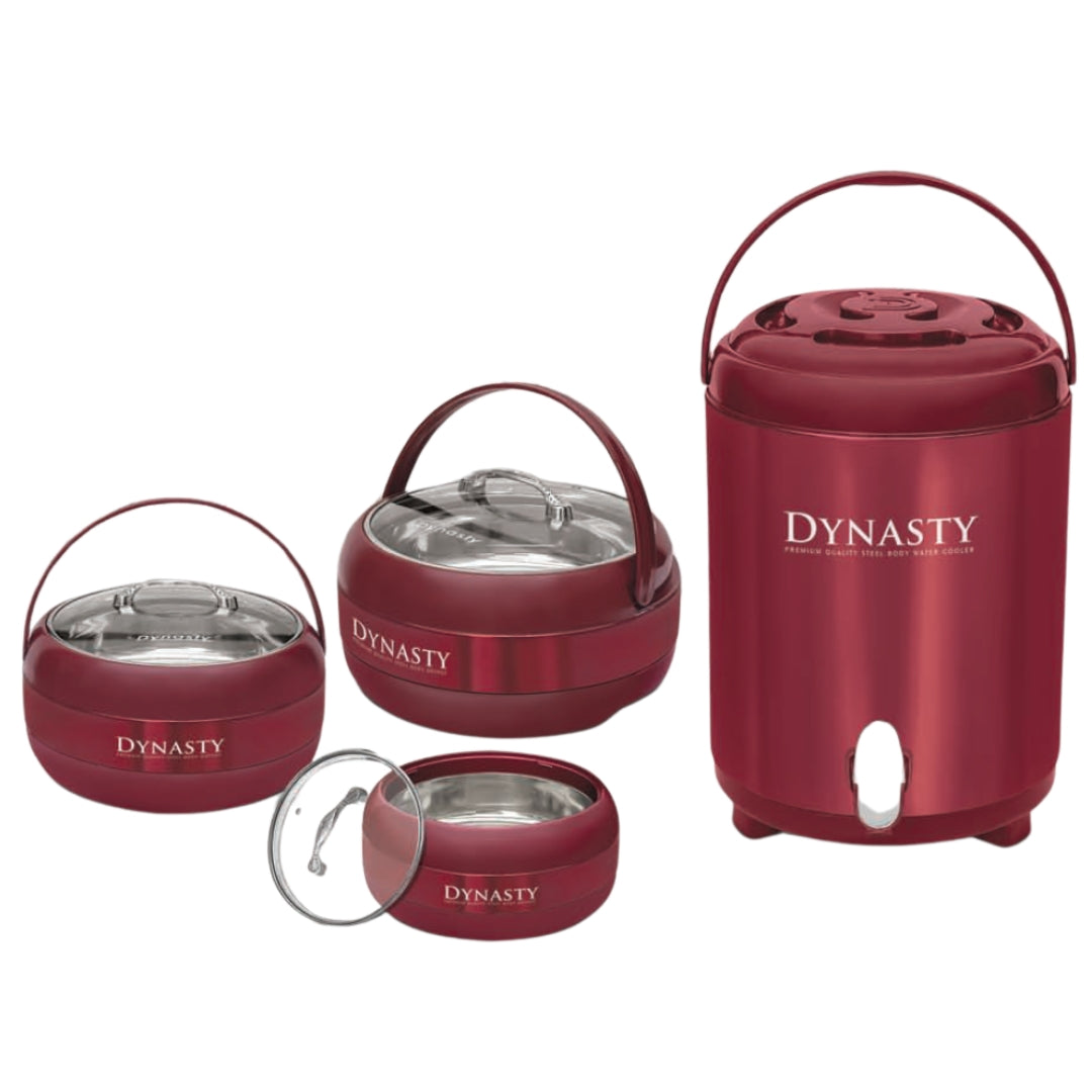 Dynasty 5Pcs Hotpot Set ā 3 Hotpots + Water Cooler + Thermos Flask | Steel Inner & Glass Lids (S/M/L)