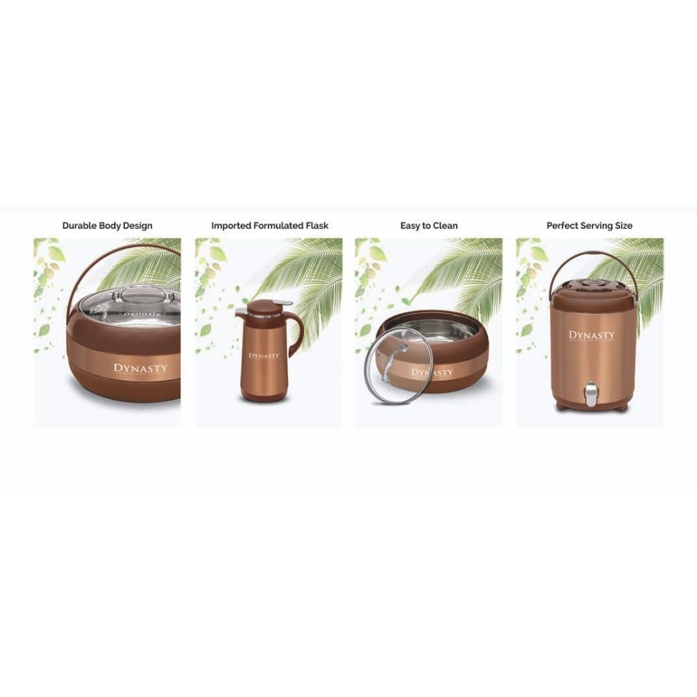 Dynasty 5Pcs Hotpot Set ā 3 Hotpots + Water Cooler + Thermos Flask | Steel Inner & Glass Lids (S/M/L)