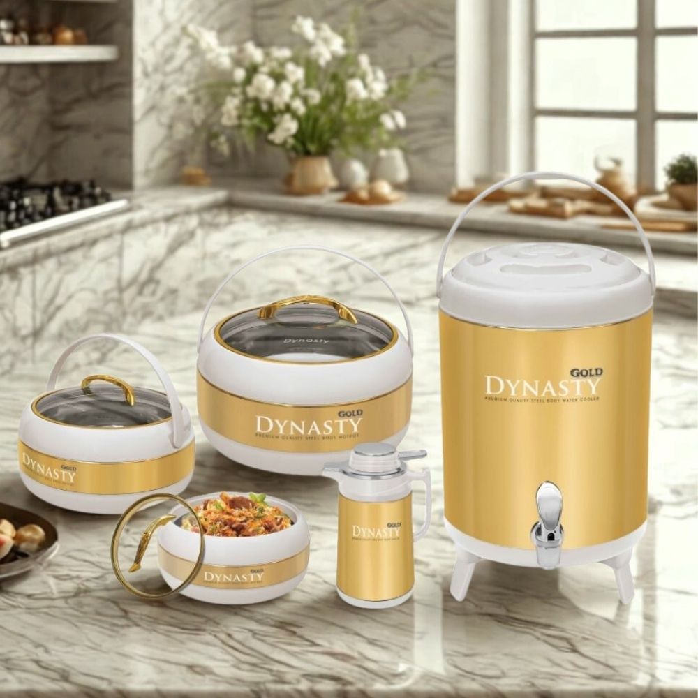 Dynasty Premium White & Gold 5-Pcs Hotpot Set – 3 Steel Inner Hotpots (S/M/L) with Glass Lids + Water Cooler + Thermos Vacuum Flask