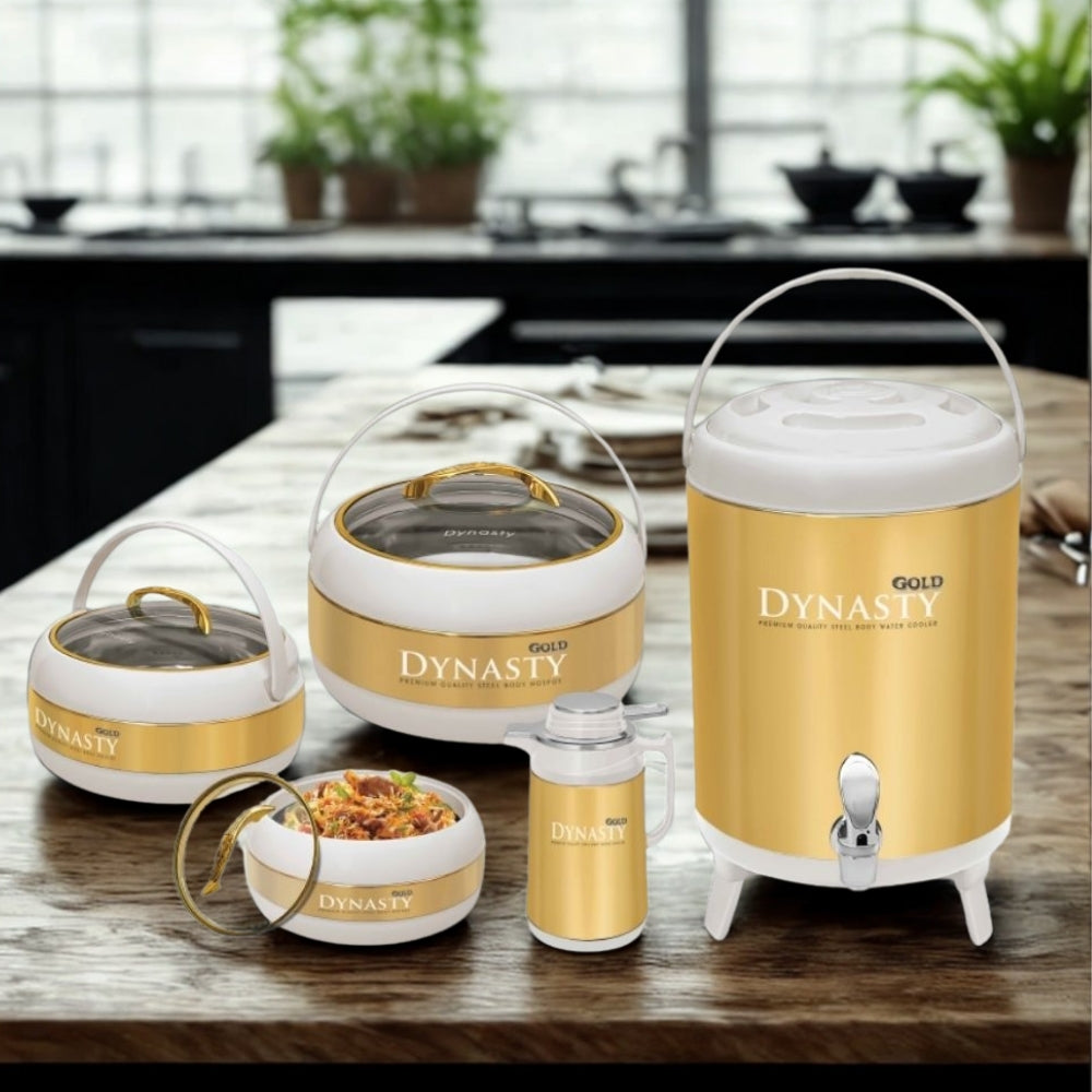 Dynasty Premium White & Gold 5-Pcs Hotpot Set – 3 Steel Inner Hotpots (S/M/L) with Glass Lids + Water Cooler + Thermos Vacuum Flask