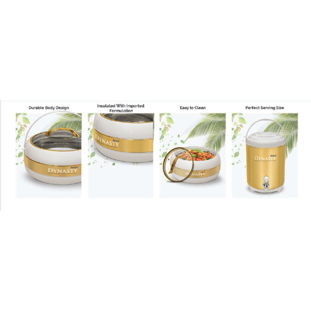 Dynasty Premium White & Gold Hotpot Food warmer and Water Cooler Set 4-Pcs