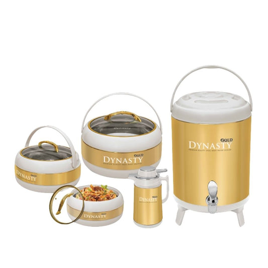 Dynasty Premium White & Gold 5-Pcs Hotpot Set – 3 Steel Inner Hotpots (S/M/L) with Glass Lids + Water Cooler + Thermos Vacuum Flask